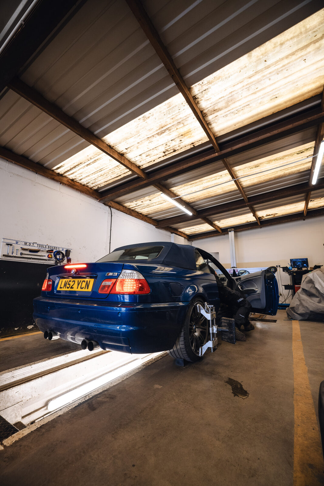 Blue BMW M3 in the Bromspec workshop
